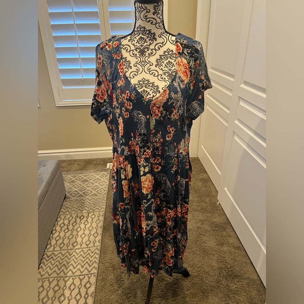 Torrid size 3 NWT blue dress with pink flowers.